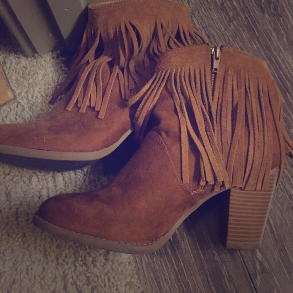 Tan fringe booties